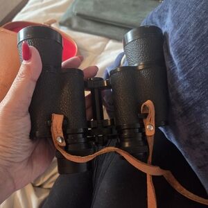 Classic Vintage 1960s Black Binoculars with Tan Leather Strap